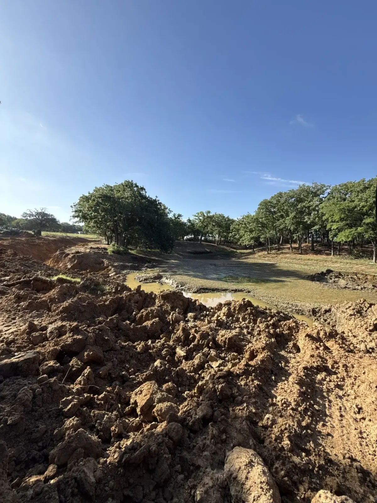 Fresh clay spoil at the edge of a pond basin being excavated