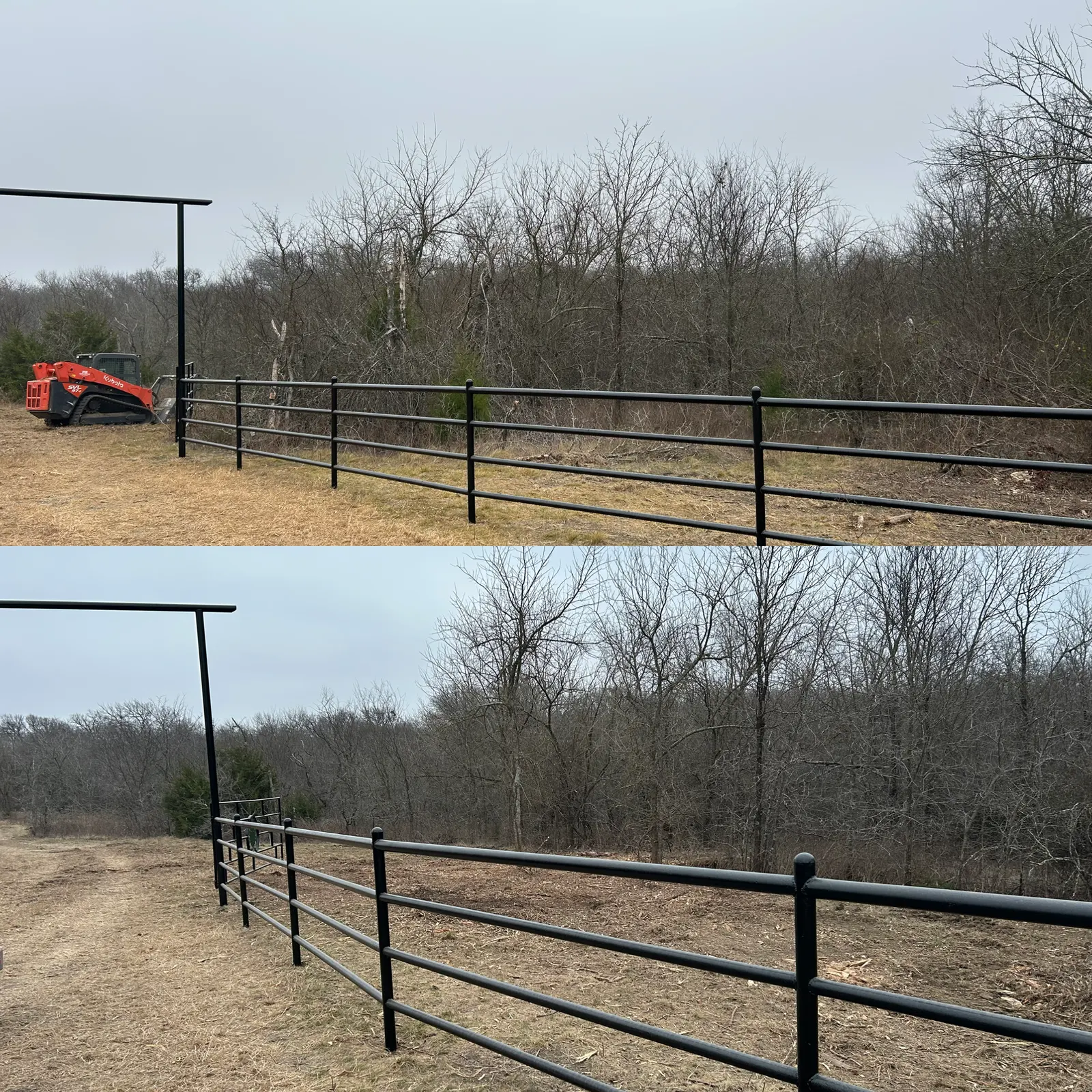 Before and after of a pipe-fence line cleared of brush