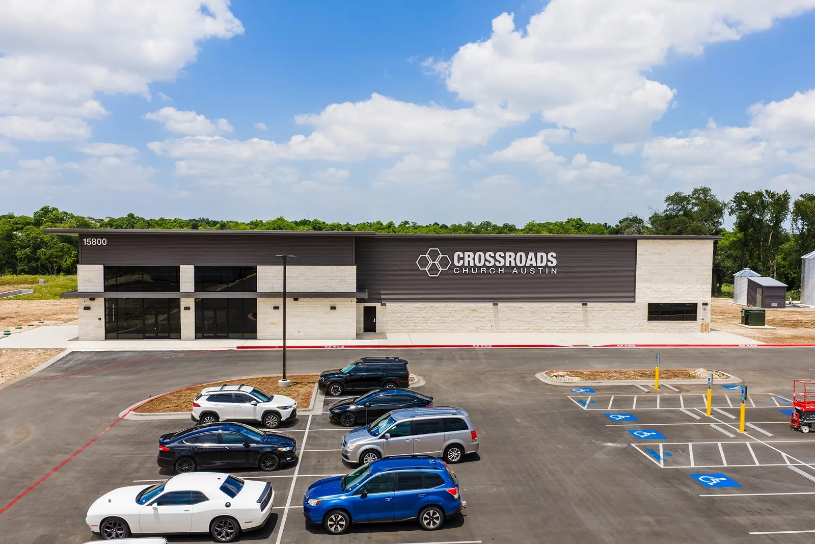 Aerial of a new commercial building and parking lot