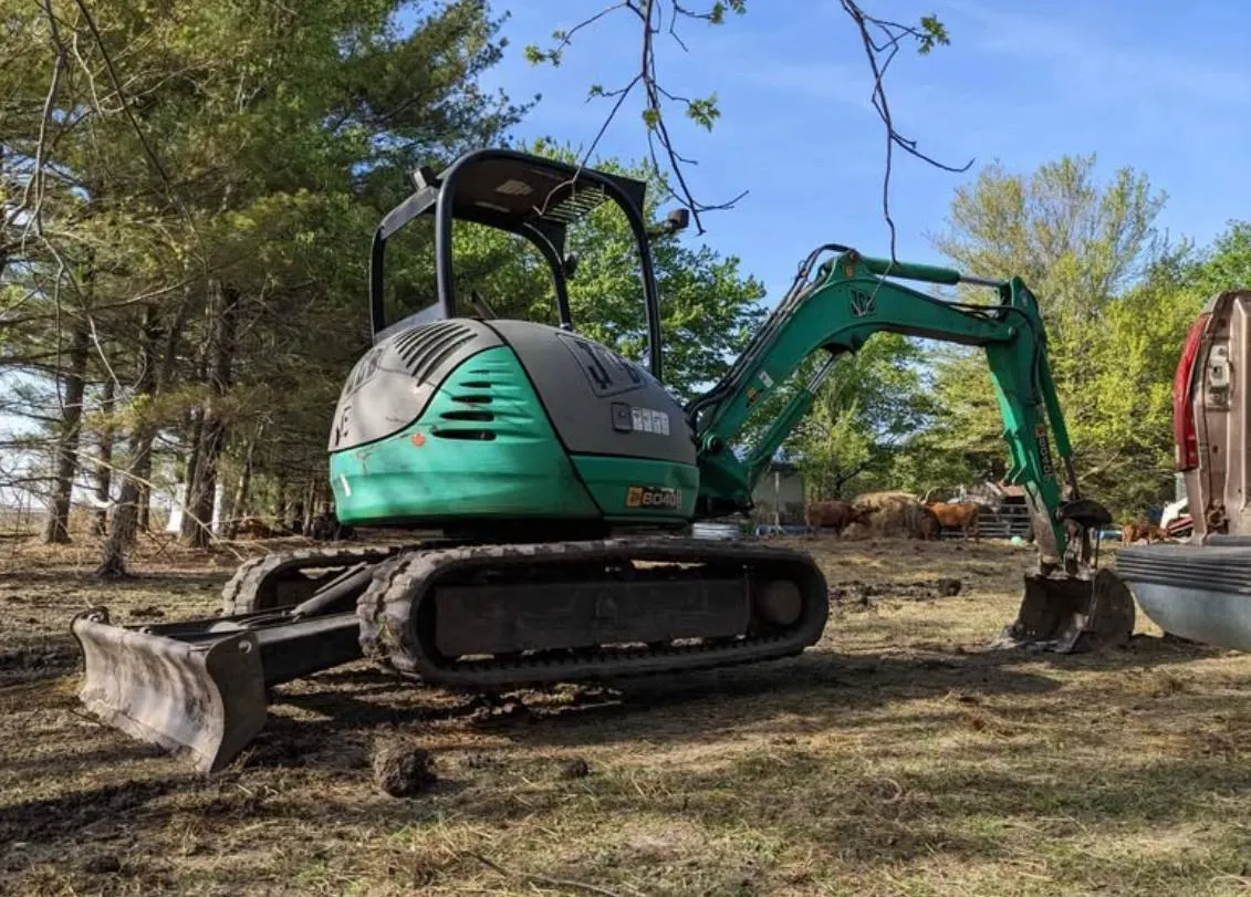 JCB compact excavator clearing brush on a wooded lot