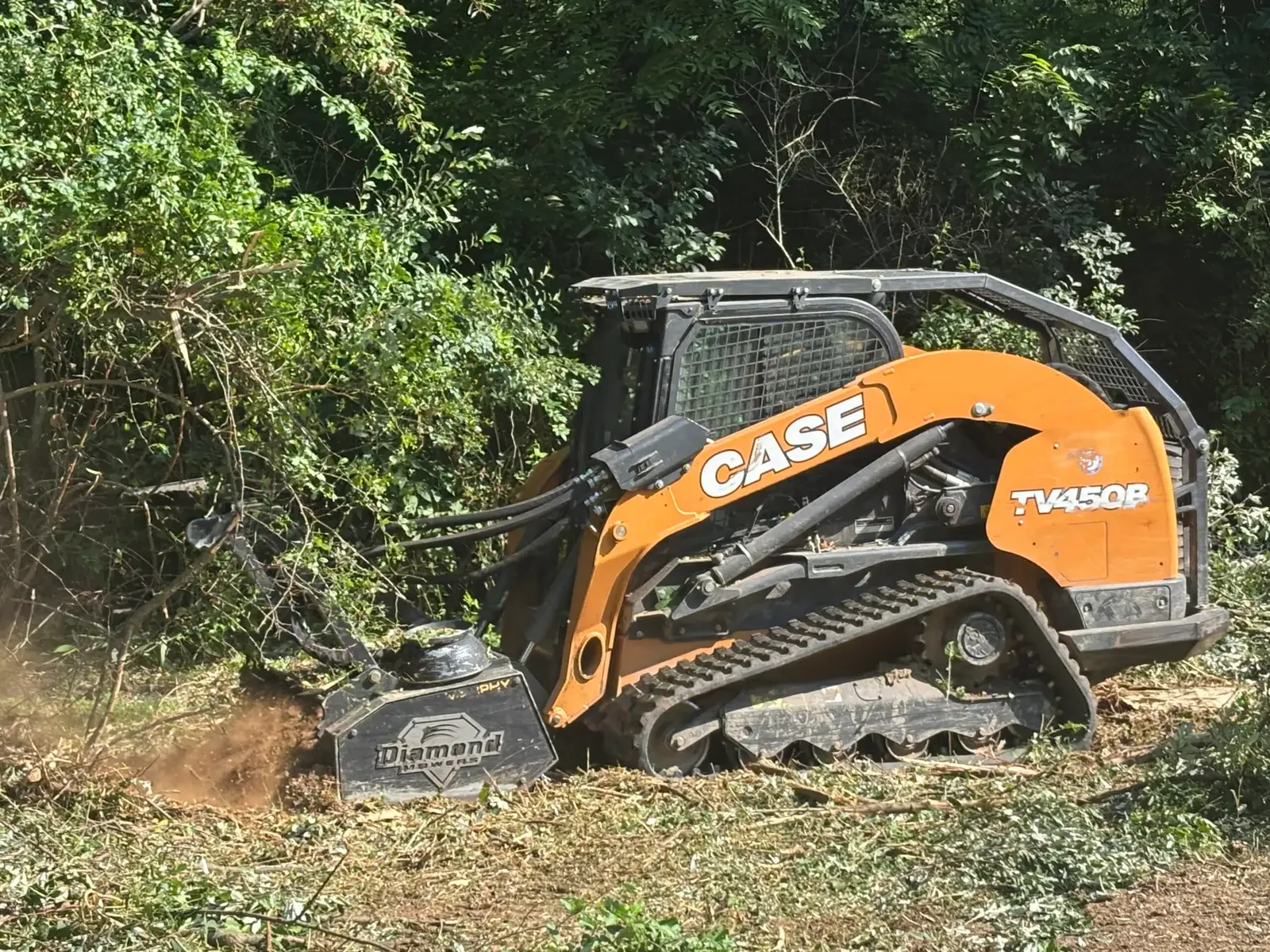 Tracked loader with a forestry mulching head cutting into thick brush