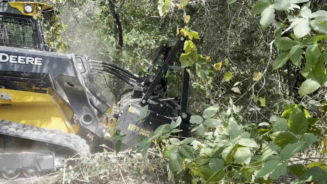 Mulching head grinding vines and brush along a timber edge