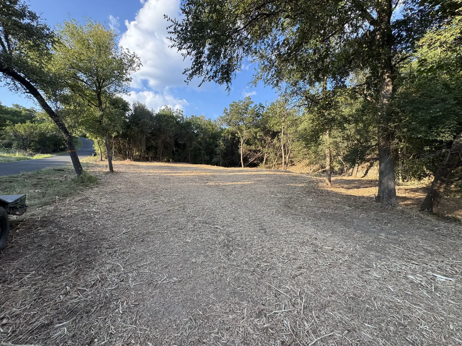 Wide mulched lane cleared through trees beside a road